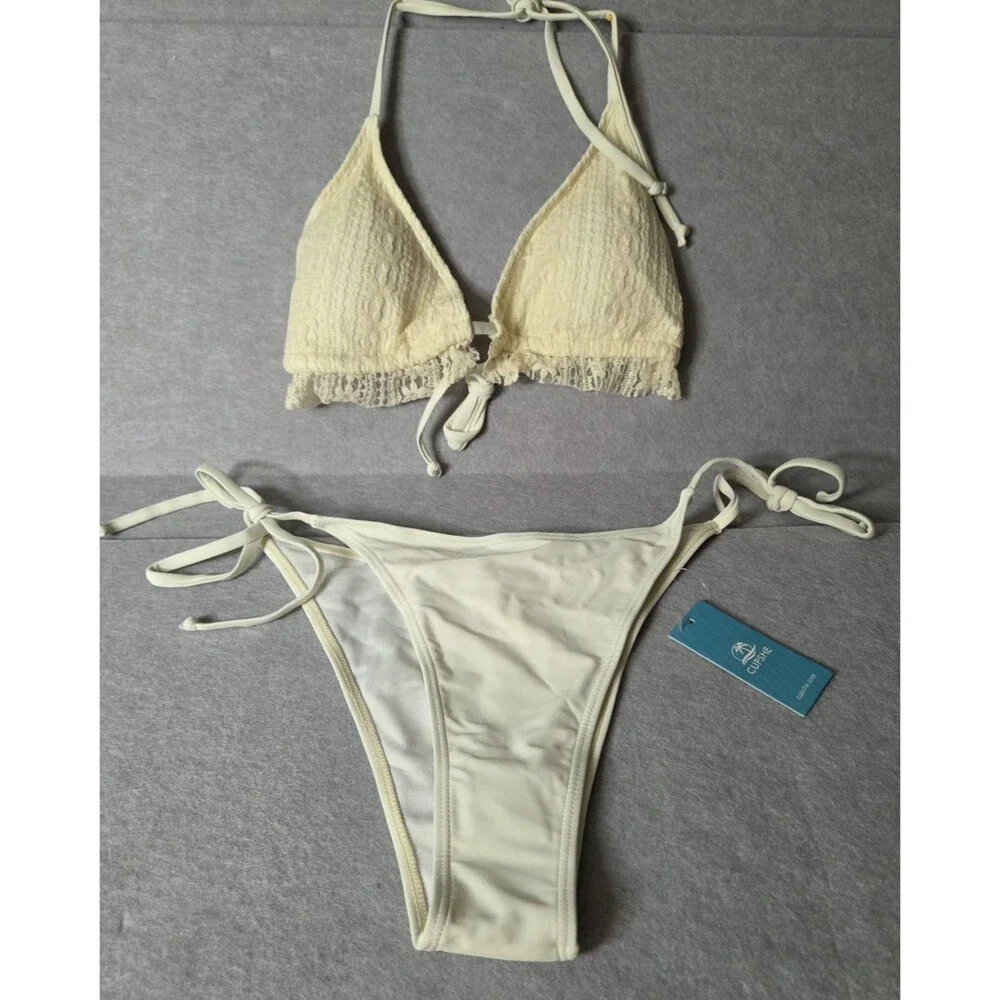 CUPSHE Cream 3 Pc Swim Set Women's Size XL Triangle Bikini Tie Side Cover Up NWT